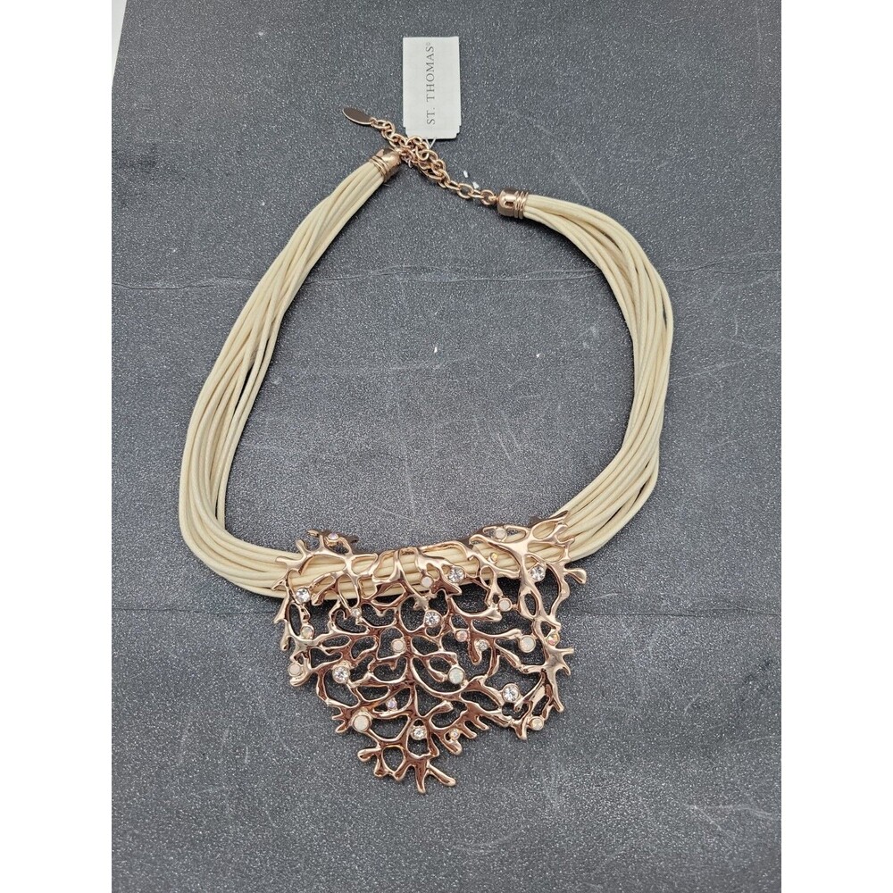 St. Thomas Rose Goldtone Coral Cream Leather Necklace Statement Rhinestone Faux